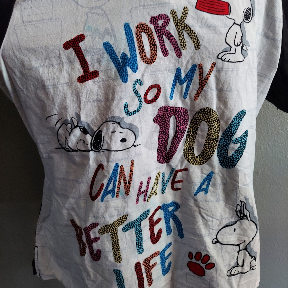 Peanuts Snoopy Women's Scrub Top " I Work So My Dog Can Have A Better Life" XL - Picture 3 of 8